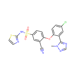 Cn1ncnc1-c1cc(Cl)ccc1Oc1ccc(S(=O)(=O)Nc2nccs2)cc1C#N ZINC000095582611