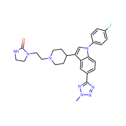 Cn1nnc(-c2ccc3c(c2)c(C2CCN(CCN4CCNC4=O)CC2)cn3-c2ccc(F)cc2)n1 ZINC000013493002