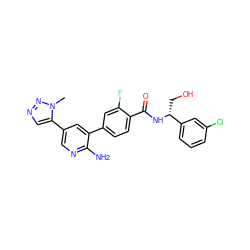 Cn1nncc1-c1cnc(N)c(-c2ccc(C(=O)N[C@H](CO)c3cccc(Cl)c3)c(F)c2)c1 ZINC001772643365