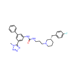 Cn1nnnc1-c1cc(NC(=O)NCCCN2CCC[C@@H](Cc3ccc(F)cc3)C2)cc(-c2ccccc2)c1 ZINC000029395336