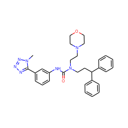 Cn1nnnc1-c1cccc(NC(=O)N(CCC(c2ccccc2)c2ccccc2)CCN2CCOCC2)c1 ZINC000095604948