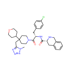 Cn1nnnc1CC1(C2CCOCC2)CCN(C(=O)[C@H](Cc2ccc(Cl)cc2)NC(=O)[C@H]2Cc3ccccc3CN2)CC1 ZINC000028949843