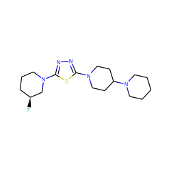 F[C@H]1CCCN(c2nnc(N3CCC(N4CCCCC4)CC3)s2)C1 ZINC000084670362