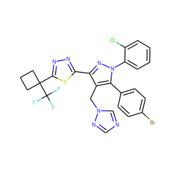 FC(F)(F)C1(c2nnc(-c3nn(-c4ccccc4Cl)c(-c4ccc(Br)cc4)c3Cn3cncn3)s2)CCC1 ZINC000058575357