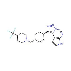 FC(F)(F)C1CCN(C[C@H]2CC[C@H](c3nnn4cnc5[nH]ccc5c34)CC2)CC1 ZINC001772597057