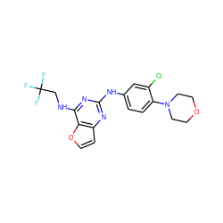 FC(F)(F)CNc1nc(Nc2ccc(N3CCOCC3)c(Cl)c2)nc2ccoc12 ZINC000167596967