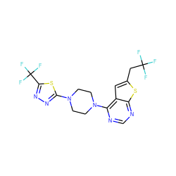 FC(F)(F)Cc1cc2c(N3CCN(c4nnc(C(F)(F)F)s4)CC3)ncnc2s1 ZINC000220679103