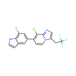 FC(F)(F)Cc1cnc2c(Cl)c(-c3cc(Cl)c4[nH]ccc4c3)ccn12 ZINC000068206790