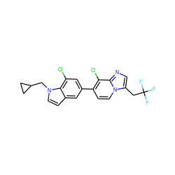 FC(F)(F)Cc1cnc2c(Cl)c(-c3cc(Cl)c4c(ccn4CC4CC4)c3)ccn12 ZINC000095576013