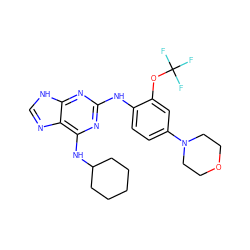 FC(F)(F)Oc1cc(N2CCOCC2)ccc1Nc1nc(NC2CCCCC2)c2nc[nH]c2n1 ZINC000084654796