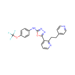 FC(F)(F)Oc1ccc(Nc2nnc(-c3cccnc3CCc3ccncc3)o2)cc1 ZINC000014946590