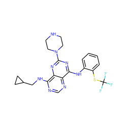 FC(F)(F)Sc1ccccc1Nc1nc(N2CCNCC2)nc2c(NCC3CC3)ncnc12 ZINC000084596648