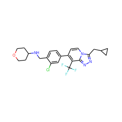 FC(F)(F)c1c(-c2ccc(CNC3CCOCC3)c(Cl)c2)ccn2c(CC3CC3)nnc12 ZINC000143587378