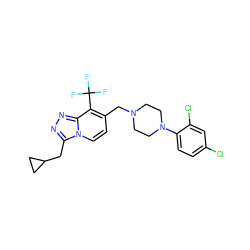 FC(F)(F)c1c(CN2CCN(c3ccc(Cl)cc3Cl)CC2)ccn2c(CC3CC3)nnc12 ZINC001772632456