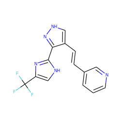 FC(F)(F)c1c[nH]c(-c2n[nH]cc2/C=C/c2cccnc2)n1 ZINC000028896802