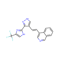 FC(F)(F)c1c[nH]c(-c2n[nH]cc2/C=C/c2cncc3ccccc23)n1 ZINC000028896815