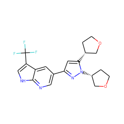 FC(F)(F)c1c[nH]c2ncc(-c3cc([C@@H]4CCOC4)n([C@@H]4CCOC4)n3)cc12 ZINC000146471350