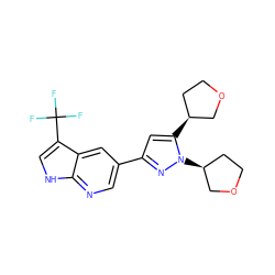 FC(F)(F)c1c[nH]c2ncc(-c3cc([C@H]4CCOC4)n([C@H]4CCOC4)n3)cc12 ZINC000146471759