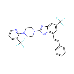 FC(F)(F)c1cc(/C=C/c2ccccc2)c2[nH]c(N3CCN(c4ncccc4C(F)(F)F)CC3)nc2c1 ZINC000038157635