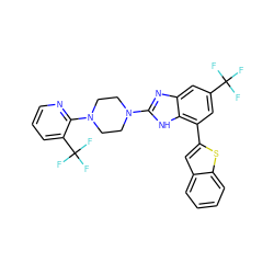 FC(F)(F)c1cc(-c2cc3ccccc3s2)c2[nH]c(N3CCN(c4ncccc4C(F)(F)F)CC3)nc2c1 ZINC000038157640