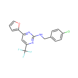 FC(F)(F)c1cc(-c2ccco2)nc(NCc2ccc(Cl)cc2)n1 ZINC000003894535