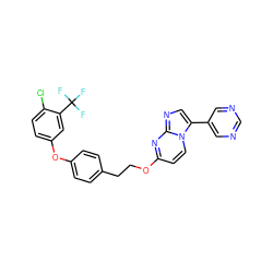 FC(F)(F)c1cc(Oc2ccc(CCOc3ccn4c(-c5cncnc5)cnc4n3)cc2)ccc1Cl ZINC000473165424