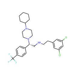 FC(F)(F)c1ccc([C@@H](CNCCc2cc(Cl)cc(Cl)c2)N2CCN(C3CCCCC3)CC2)cc1 ZINC000028523952