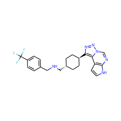 FC(F)(F)c1ccc(CNC[C@H]2CC[C@H](c3nnn4cnc5[nH]ccc5c34)CC2)cc1 ZINC001772629338