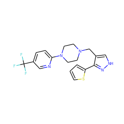 FC(F)(F)c1ccc(N2CCN(Cc3c[nH]nc3-c3cccs3)CC2)nc1 ZINC000115175102