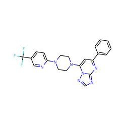 FC(F)(F)c1ccc(N2CCN(c3cc(-c4ccccc4)nc4ncnn34)CC2)nc1 ZINC000026417431