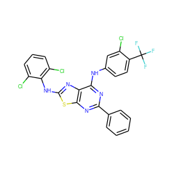 FC(F)(F)c1ccc(Nc2nc(-c3ccccc3)nc3sc(Nc4c(Cl)cccc4Cl)nc23)cc1Cl ZINC000044387988