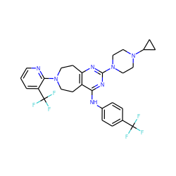 FC(F)(F)c1ccc(Nc2nc(N3CCN(C4CC4)CC3)nc3c2CCN(c2ncccc2C(F)(F)F)CC3)cc1 ZINC000066262068