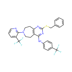 FC(F)(F)c1ccc(Nc2nc(SCc3ccccc3)nc3c2CCN(c2ncccc2C(F)(F)F)CC3)cc1 ZINC000144892125