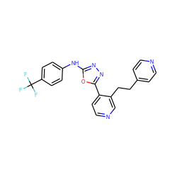 FC(F)(F)c1ccc(Nc2nnc(-c3ccncc3CCc3ccncc3)o2)cc1 ZINC000014946594