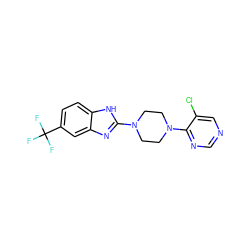 FC(F)(F)c1ccc2[nH]c(N3CCN(c4ncncc4Cl)CC3)nc2c1 ZINC000038157620