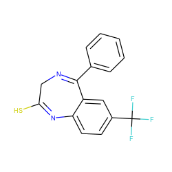 FC(F)(F)c1ccc2c(c1)C(c1ccccc1)=NCC(S)=N2 ZINC000039347086