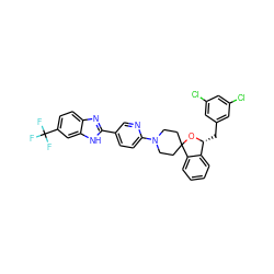 FC(F)(F)c1ccc2nc(-c3ccc(N4CCC5(CC4)O[C@H](Cc4cc(Cl)cc(Cl)c4)c4ccccc45)nc3)[nH]c2c1 ZINC001772630785