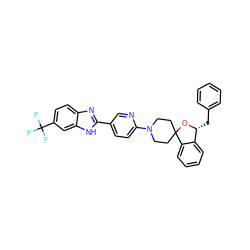 FC(F)(F)c1ccc2nc(-c3ccc(N4CCC5(CC4)O[C@H](Cc4ccccc4)c4ccccc45)nc3)[nH]c2c1 ZINC001772615635