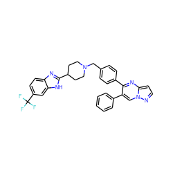 FC(F)(F)c1ccc2nc(C3CCN(Cc4ccc(-c5nc6ccnn6cc5-c5ccccc5)cc4)CC3)[nH]c2c1 ZINC000167411816