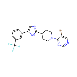 FC(F)(F)c1cccc(-c2cnc(C3CCN(c4ncncc4Br)CC3)[nH]2)c1 ZINC000218720180