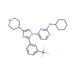 FC(F)(F)c1cccc(-c2nc(C3CCNCC3)cn2-c2ccnc(NC3CCCCC3)n2)c1 ZINC000027108825