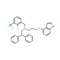 FC(F)(F)c1cccc(CN(CCCOc2cccc3[nH]ccc23)CC(c2ccccc2)c2ccccc2)c1Cl ZINC000044360473