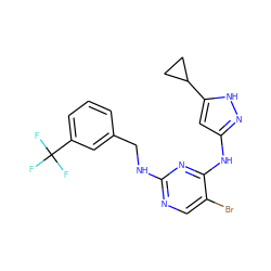 FC(F)(F)c1cccc(CNc2ncc(Br)c(Nc3cc(C4CC4)[nH]n3)n2)c1 ZINC000203007863