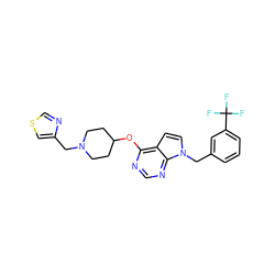 FC(F)(F)c1cccc(Cn2ccc3c(OC4CCN(Cc5cscn5)CC4)ncnc32)c1 ZINC000084605425