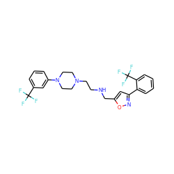 FC(F)(F)c1cccc(N2CCN(CCNCc3cc(-c4ccccc4C(F)(F)F)no3)CC2)c1 ZINC000028640277