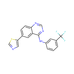 FC(F)(F)c1cccc(Nc2ncnc3ccc(-c4cncs4)cc23)c1 ZINC000299851424