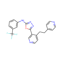 FC(F)(F)c1cccc(Nc2nnc(-c3cnccc3CCc3ccncc3)o2)c1 ZINC000014946571