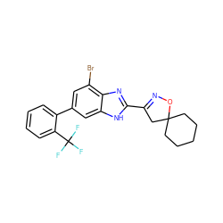 FC(F)(F)c1ccccc1-c1cc(Br)c2nc(C3=NOC4(CCCCC4)C3)[nH]c2c1 ZINC000066112703