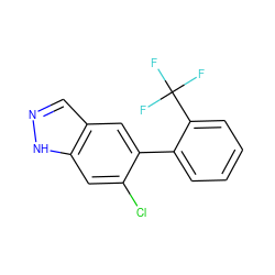 FC(F)(F)c1ccccc1-c1cc2cn[nH]c2cc1Cl ZINC000169325670