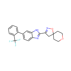 FC(F)(F)c1ccccc1-c1ccc2nc(C3=NOC4(CCOCC4)C3)[nH]c2c1 ZINC000066101875